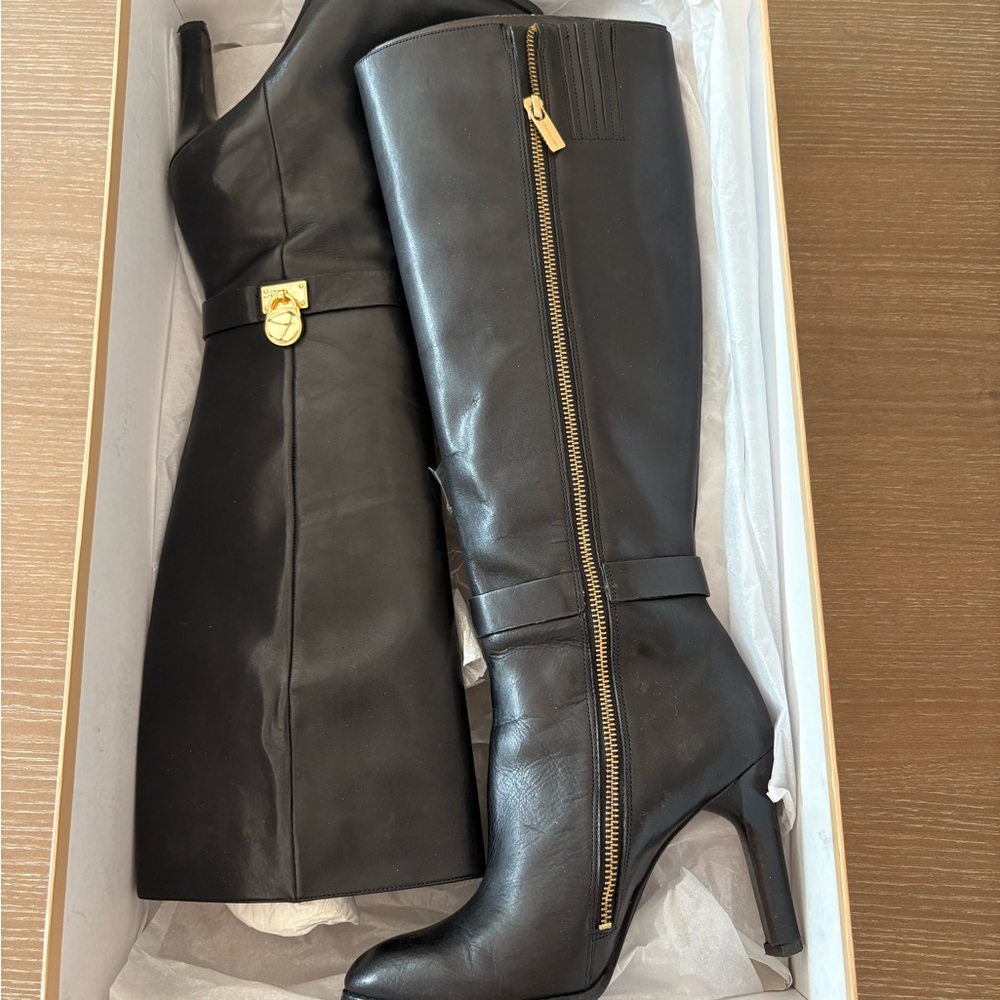 MICHAEL Michael Kors Black Heeled Boots with Gold Accents